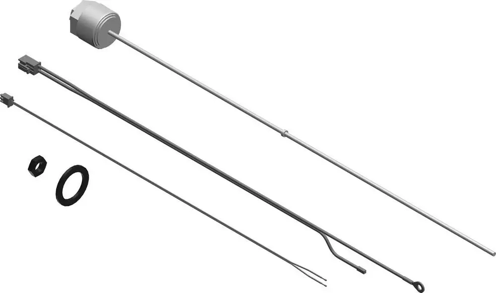 BOSCH-Anode mit verschiedenen Metallkomponenten, einschließlich einer langen Stange und mehreren Verbindungselementen, auf einem weißen Hintergrund platziert.